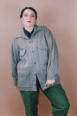 Men's or women's vintage 1960's Tailored by Day's, Fabric by Wool O' The West size large long sleeve button up grey wool tweed shacket with four pockets.