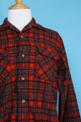 Men's vintage 1960's Pendleton label long sleeve button up shirt in red and grey plaid print in a wool material.