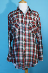 Men's vintage 1970's Washington Dee-Cee Western Wear, Made in USA label long sleeve button up plaid shirt with pearl silver snap buttons. Western style in white, red, and green colors.