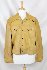Men's or women's vintage tan colored long sleeve suede jacket by JCPenney. Popper buttons and contrast stitching and fully lined.