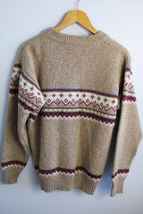 Women's or men's vintage 1980's Norsewear, Made in New Zealand label long sleeve pullover sweater in a tan brown color with abstract print across chest.