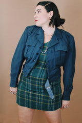 Men's vintage 1950's FLYVAPNET Nr. 48 size small Swedish Air Force cropped long sleeve wool jacket in navy blue that looks like denim.