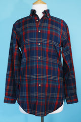 Men's vintage 1980's Pendleton, Sir Pendleton label long sleeve button up plaid shirt in a wool material. Red and navy colors with brown tortoise buttons.