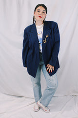 Men's or women's vintage 1960's Varsity-Town Clothes, Meier & Frank Co., Portland, OR long sleeve navy blue pin striped double breasted wool material blazer.