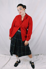 Men's vintage 1960's Hagen, Made in Levin, New Zealand label long sleeve red cotton button up shirt with small collar and one pocket.