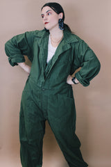 Men's vintage 1980's Men's Coveralls Type 1 label size XL long sleeve army green one piece jumpsuit with button closure and pockets in cotton material.