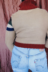 Women's vintage 1970's Organically Grown, Sweaters by Arpeja zip up sweater cardigan that is half knit acrylic and half genuine suede in multicolors.