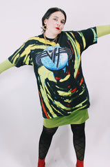 Women' or men's vintage 1993 Fruit of the Loom, Made in USA label short sleeve black 1993 Van Halen Tour t-shirt with graphic on the front and back with all over multicolored tie dye.