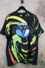 Women' or men's vintage 1993 Fruit of the Loom, Made in USA label short sleeve black 1993 Van Halen Tour t-shirt with graphic on the front and back with all over multicolored tie dye.