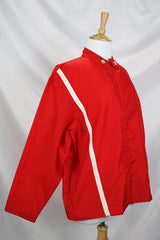 Men's or women's vintage 1970's Sears Sportswear, For Pool Beach and Patio label long sleeve red nylon windbreaker jacket with two white stripes in the front.