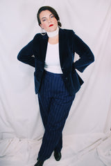 Women's vintage 1980's Curly Top, Made in Korea label long sleeve dark navy blue velvet blazer with button front closure and two pockets.