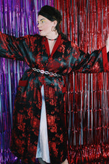 Women's or men's vintage 1990's NK label long sleeve long length black and red reversible robe smoking jacket in a thick silk material.