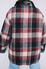 Men's or women's vintage 1970's C.P.O. Montgomery Ward label size XL long sleeve button up shacket in cream, maroon, and black plaid print