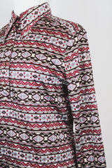 Women's vintage 1970's Loubella Extendables Inc. California label long sleeve printed blouse with a half button closure and dagger collar