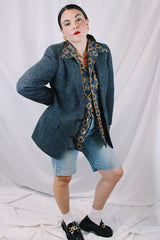 Men's vintage 1960's Nordstrom, Harris Tweed, Tailored in the USA label long sleeve button up blazer in a blue wool material. Fully lined and has brown leather buttons
