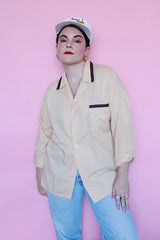 Men's or women's vintage 1960's Van Heusen label button up pajama shirt with collar. Yellow with brown and white trim.