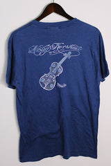 Women's or men's vintage 1980's Hanes, Fifty-Fifty, Made in USA label short sleeve navy blue Doug Kershaw band tee with graphic on front and back in cotton and polyester material.