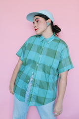 Men's or women's vintage 1960's John Wells, Traditional Tapered, Made in USA label short sleeve button up shirt in blue and green large plaid print.