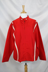 Men's or women's vintage 1970's Sears Sportswear, For Pool Beach and Patio label long sleeve red nylon windbreaker jacket with two white stripes in the front.