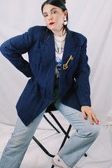 Men's or women's vintage 1960's Varsity-Town Clothes, Meier & Frank Co., Portland, OR long sleeve navy blue pin striped double breasted wool material blazer.