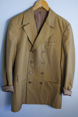 Men's or women's vintage 1970's Sax Overseas, Specially Made For Mr. R. E. Bankhead long sleeve beige colored double breasted blazer with thin pin stripes throughout.