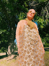 maxi length gold dress with gold metallic threaded pattern vintage 1960's