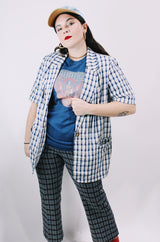 Women's vintage 1980's Requirements label short sleeve lightweight plaid print blazer in cream, white, and navy blue.