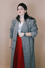 Men's or women's vintage 1960's Max Weinstein Tailor, Portland, Oregon label size large long sleeve long length brown tweed wool trench coat with button closure.