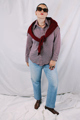 Men's or women's vintage 1970's Arrow Knits label long sleeve button up shirt with dagger collar and chest pocket. Polyester material in white with all over maroon colored print.