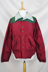 Women or men's vintage 1980's Powderhorn Mountaineering, Jackson Hole, Wyoming, USA label long sleeve puffer jacket in maroon and green.