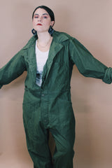 Men's vintage 1980's Men's Coveralls Type 1 label size XL long sleeve army green one piece jumpsuit with button closure and pockets in cotton material.