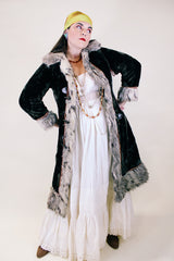 Women's vintage 1960's Glensea Fabric Expressly for North Bay by Glenoit, Union Made label long sleeve long length faux fur coat in brown and tan with toggle buttons.