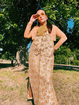 maxi length gold dress with gold metallic threaded pattern vintage 1960's
