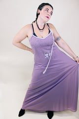 Women's vintage 1980's sleeveless ankle length purple dress with spaghetti straps and bead and sequins across chest.