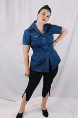 Women's vintage 1970's K Mart, Satisfaction Always, Made in Japan label navy blue shirt with dagger collar, silver popper buttons, and lots of pockets.