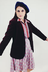 vintage maroon velvet blazer one button closure side