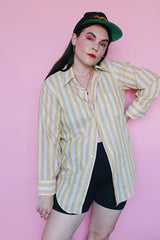 Men's or women's vintage 1960's Kent Collection by Arrow label long sleeve button up shirt with yellow, cream, and grey vertical stripes.