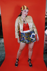 Women's vintage 1960's Dynasty Trade Mark label long sleeve cropped satin silk like robe jacket with all over print and fabric closures.