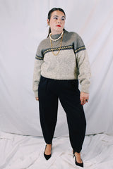 Women's or men's vintage 1990's Lobo by Pendleton label long sleeve pullover wool sweater in dark and light grey colors with navy and yellow print pattern across chest.