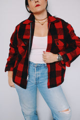 Men's or women's vintage 1970's JCPenney Hunting Apparel label size medium wool material long sleeve zip up red and black buffalo plaid shacket.