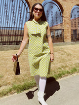 sleeveless mid length shift dress with tie neck grey with yellow floral print vintage 1960's