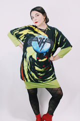 Women' or men's vintage 1993 Fruit of the Loom, Made in USA label short sleeve black 1993 Van Halen Tour t-shirt with graphic on the front and back with all over multicolored tie dye.