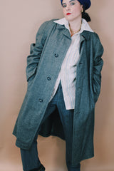 Men's or women's vintage 1960's Plymouth of Boston, Weather Ready label size large long length grey tweed wool long sleeve trench coat