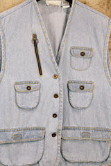 Women's or men's vintage 1990's Casey & Max label light blue denim sleeveless best with all over pockets and bronze hardware.