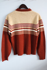 Men's or women's vintage 1970's Heywood House label long sleeve pullover sweater with a collar and half zip closure in a burnt orange and tan colors.