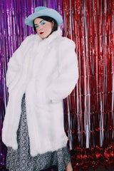 Women's vintage 1980's Avec Tu, A Luxury Fabric bu Glenoit, Union Made, Made in USA label long sleeve long length bright white faux fur coat.