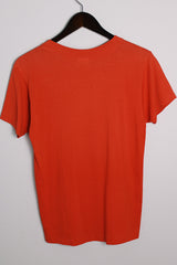 Men's or women's vintage 1980's Hanes, Fifty-Fifty, Made in USA label short sleeve red navy graphic tee in a cotton and polyester material.