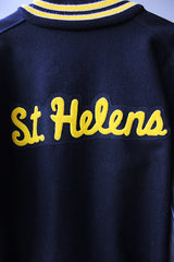 Men's or women's vintage 2000's Settlemein's, Portland, Oregon label long sleeve black varsity letterman jacket with yellow trim.