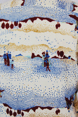 Men's or women's vintage 1970's Christopher Rand long sleeve cream colored polyester material button up shirt with all over farm print.