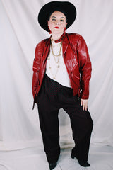 Women's or men's vintage 1980's Wilson's Suede & Leather long sleeve zip up short fit bright red leather moto style jacket.